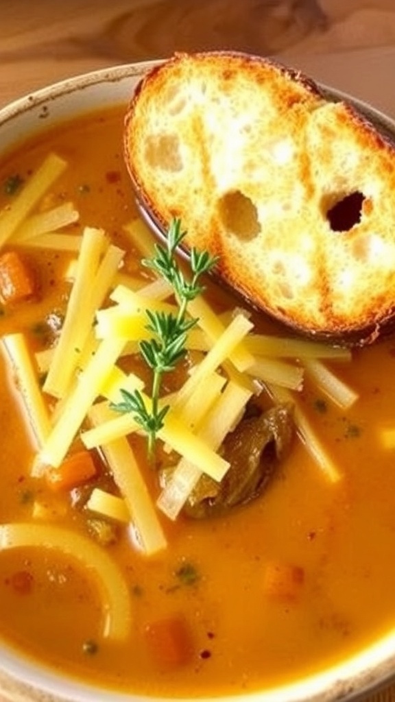 Classic French Onion Soup Recipe A bowl of French onion soup with melted cheese and toasted bread, garnished with thyme.